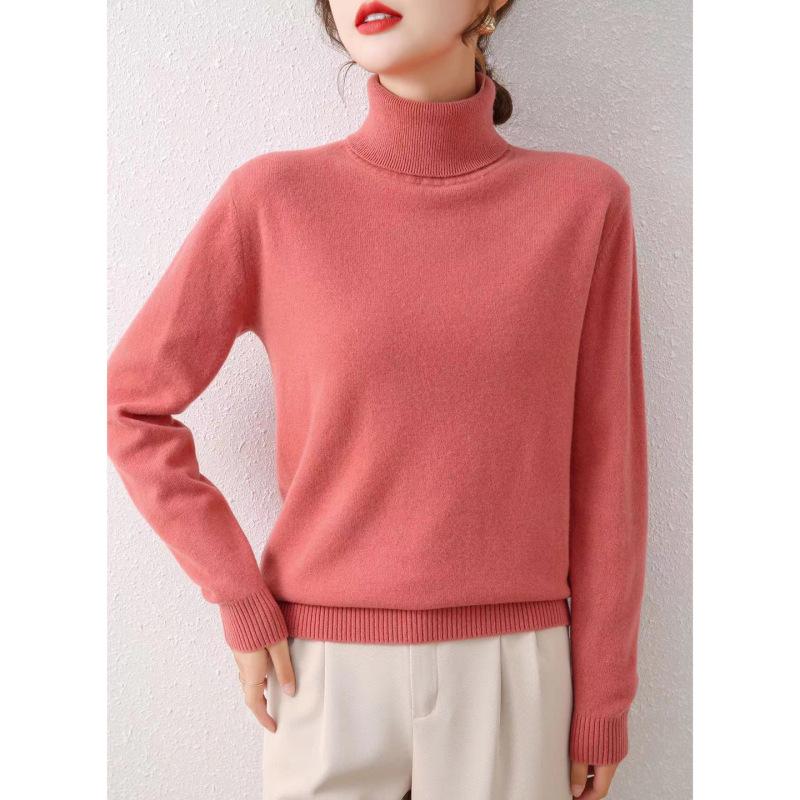 Women's Pure Wool High Neck Sweater - Loose, Slimming, Solid Color, Autumn/Winter Base Layer