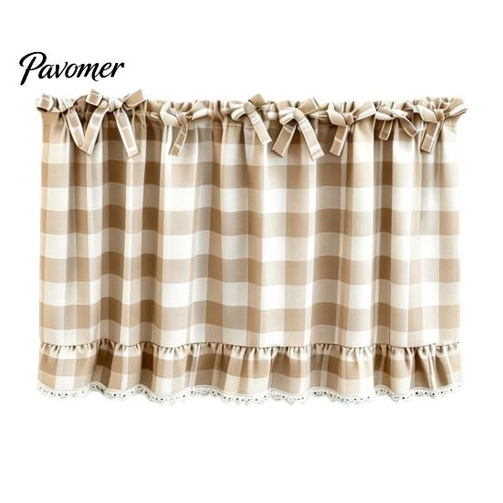 Window Valance with Lace Trim Buffalo Check Valance, Ruffled Curtain And Bows, Small Valances Light Filtering Rod Pocket for Kitchen Living