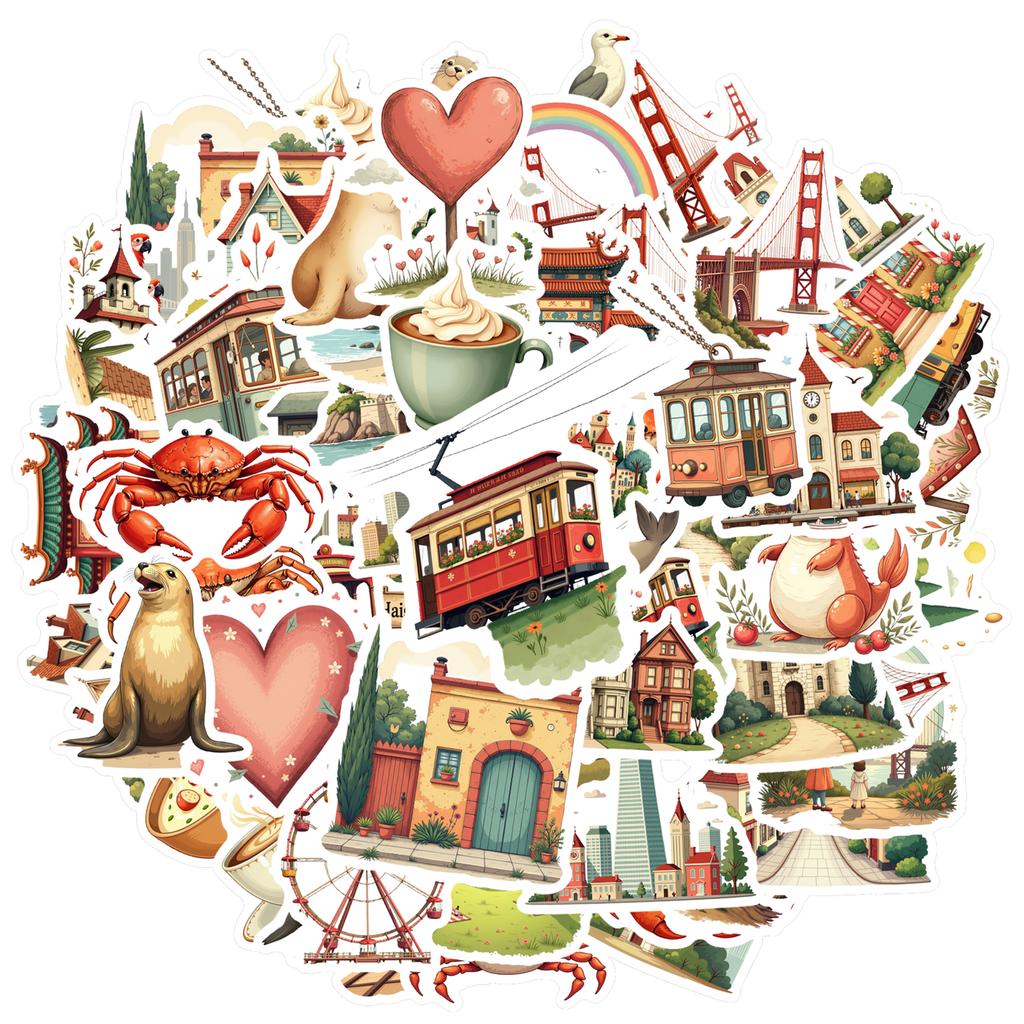 35pcs-70pcs Retro San Francisco Stickers Cartoon Hearts Teacher Reward Stickers Stickers For DIY Phone Guitar Laptop