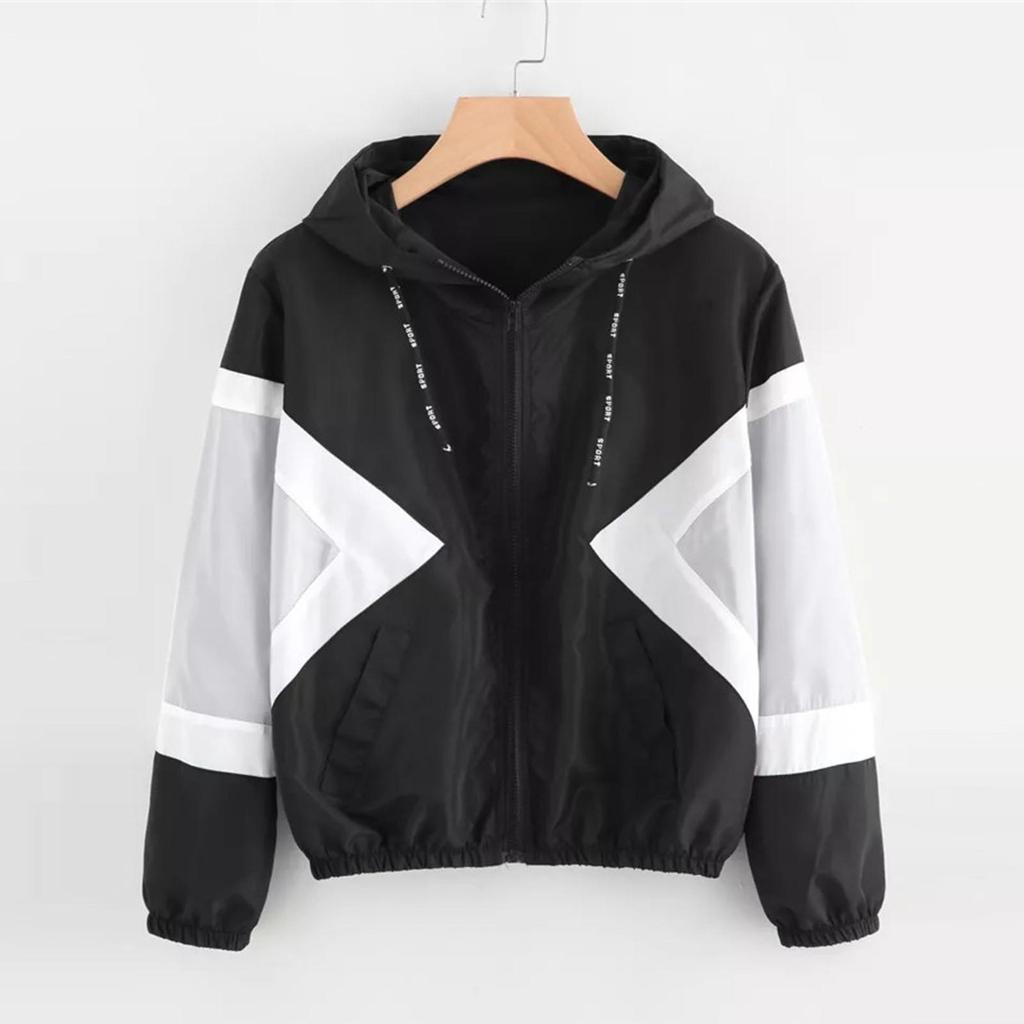 Womens Long-sleeved Hooded Zipper Stitching Contrast Color Windbreaker Coat
