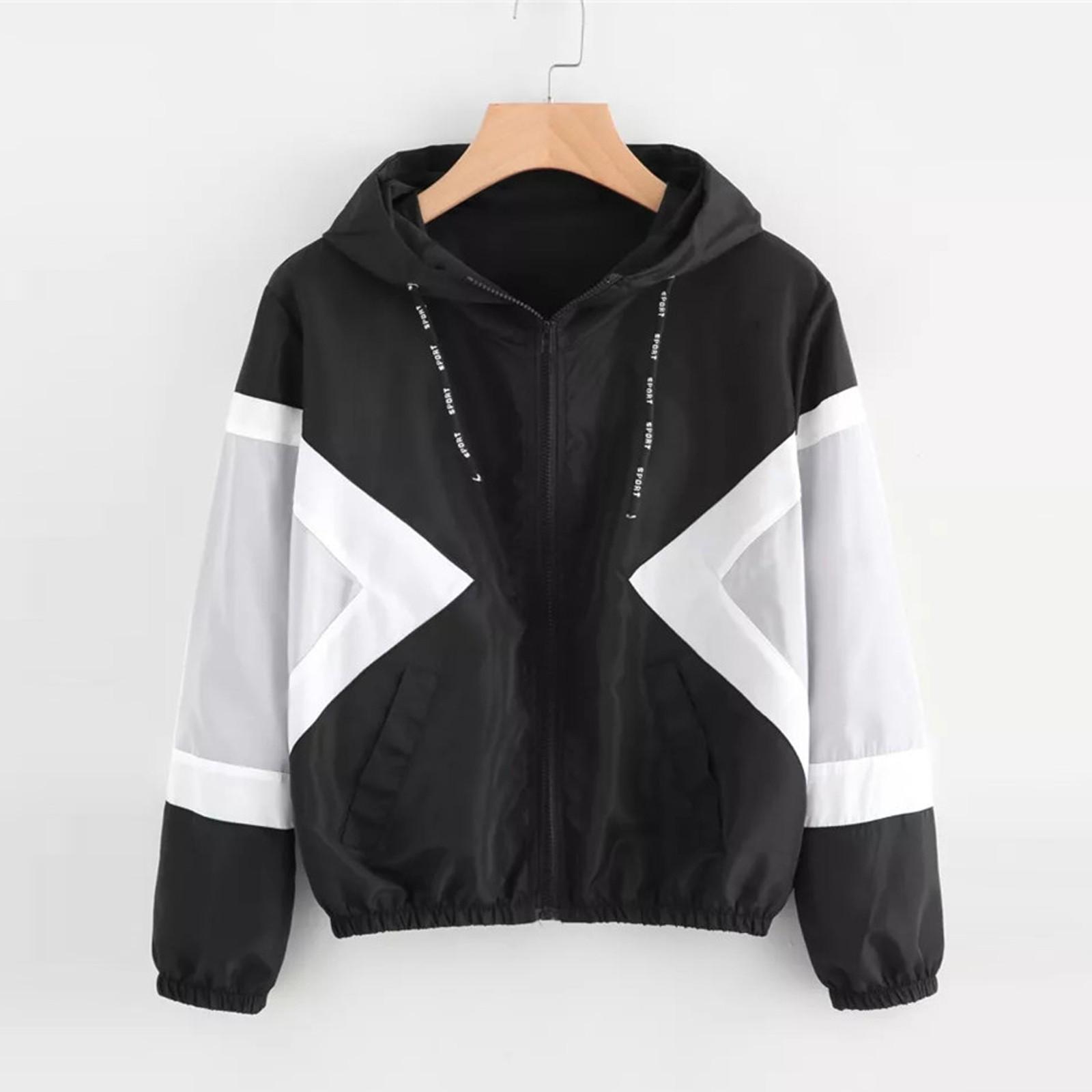 

Женская ветровка контрастного цвета с капюшоном и застежкой-молнией с длинными рукавами XL чёрный