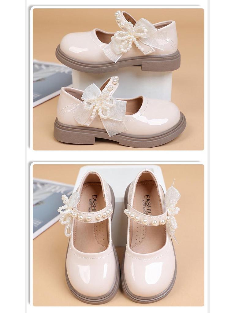 Girls' Pearl Bow Princess Shoes - Spring/Autumn Fashionable Leather, Korean & British Style, Casual & Performance Wear