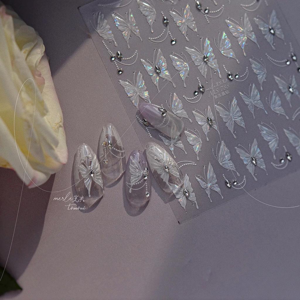Gradient White Pink Butterfly Flower Shiny Stars Chic Spring Petal 5D Soft Adhesive Nail Art Stickers Decorations Manicure Decal