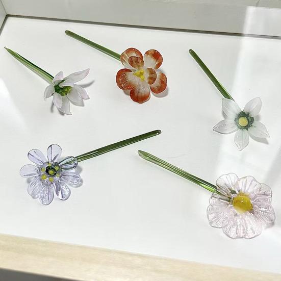 Handmade Glass Flower Decoration with Stem Hand-Blown Mini Floral Plants Figurine Home Living Room Office Table Flower Vase Ornament