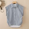 Women Casual Turn Down Collar Short Sleeve Stripe Blouse