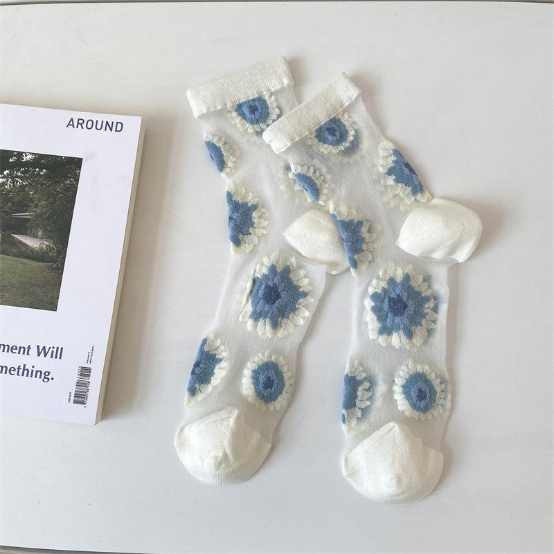 Crystal Silk Socks Women Summer Ultra-thin Transparent Nylon Long Socks Floral Embroidery Japanese Kawaii Cute Mesh Lace Socks