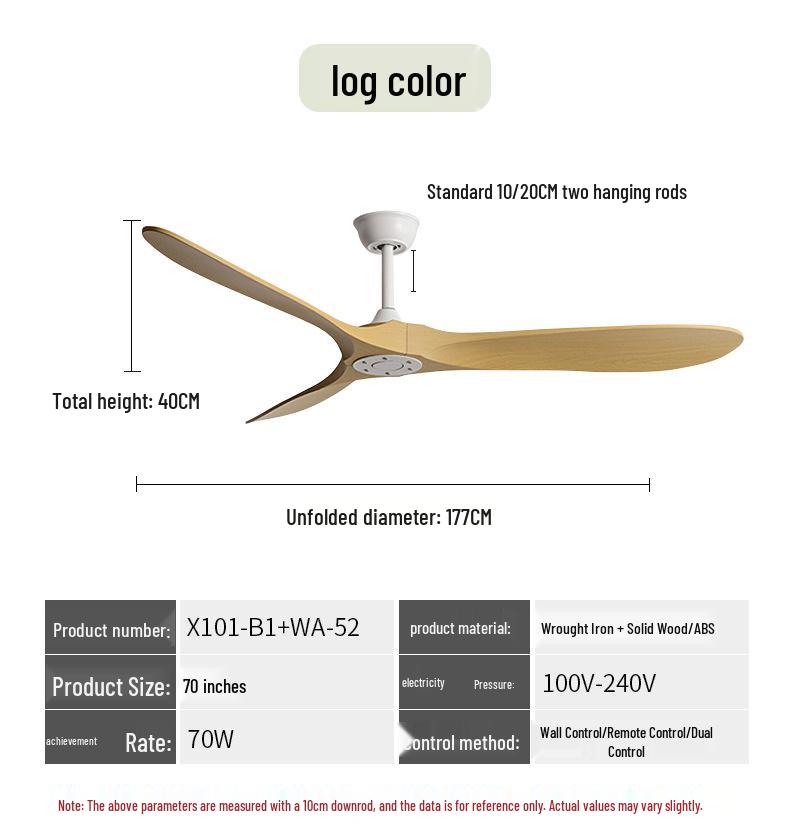 Variable Frequency Ceiling Fan with Light and Remote Control, Solid Wood Blades, for Living Room, Dining Room, Bedroom