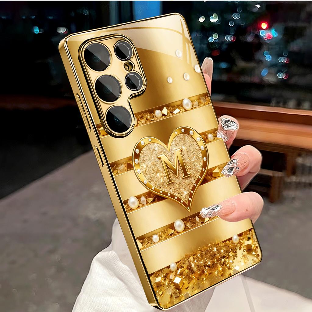New Model Golden Heart Simplicity High-end Electroplating Glass PhoneCase for Samsung Galaxy S26 S25 S24 S23 S22 FE,Ultra,Plus