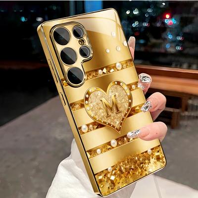 New Model Golden Heart Simplicity High-end Electroplating Glass PhoneCase for Samsung Galaxy S26 S25 S24 S23 S22 FE,Ultra,Plus