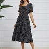 Summer Women Casual Dress Chiffon Medium Long A-Line Short Sleeve Square Collar Ruffles Dot Print Pattern Red Black Blue Green