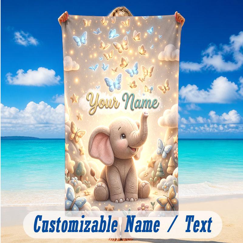 Elephant Theme Beach Towel Personalized Custom Name & Text Soft Quick Dry Beach Towel for Swimming Travel