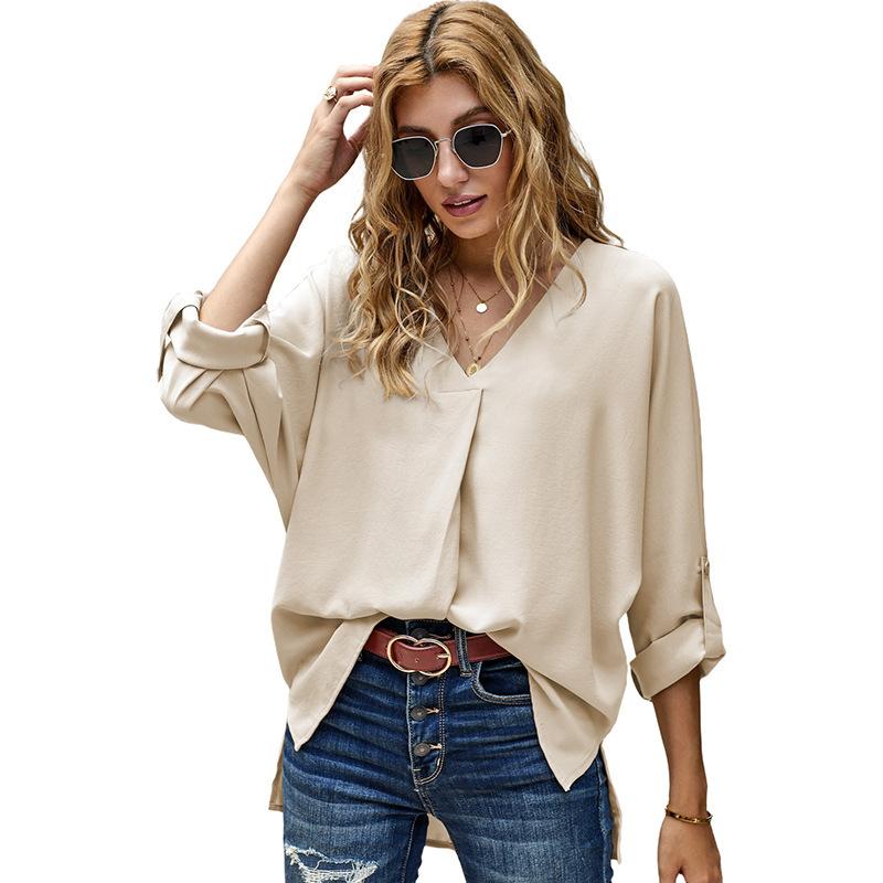 Women's V Neck Three Quarter Sleeve Blouse Loose Fit Office Solid Color High Low Hem Shirt Casual Work Top For Autumn Daily Wear