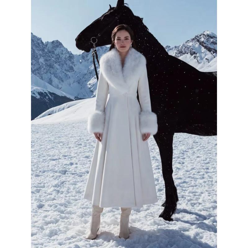 Women Wool Blend Coat Faux Fur Collar Cuffs Fitted Waist Flared Maxi Silhouette Outerwear Winter Elegant Street Overcoat