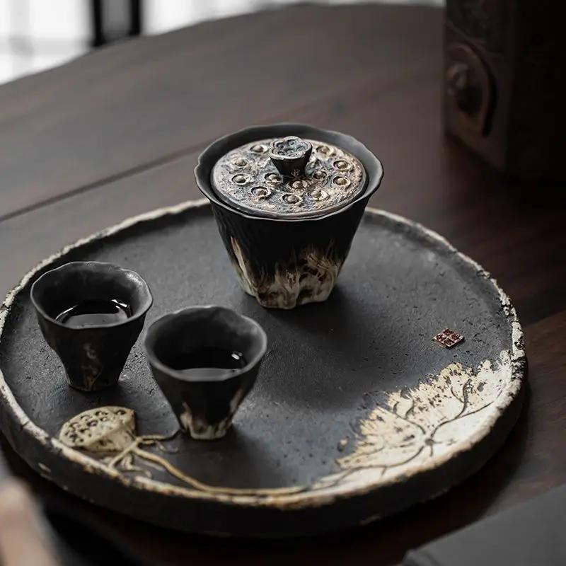 Handmade Embossed Lotus Ceramic Tea TureeWabi Sabi Style Covered Bowl Coarse Pottery Tea Maker Gaiwan Kung Fu Tea Set Gift