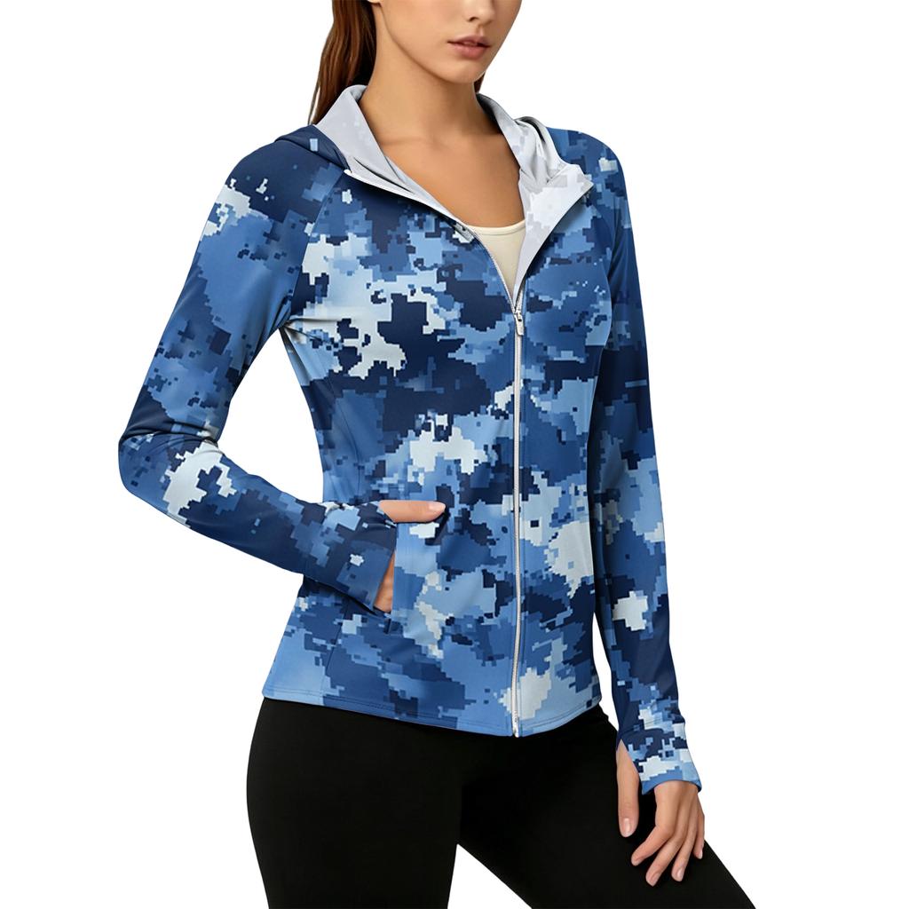 Womens Zip Up Hoodie Lightweight Long Sleeve Camouflage Print Sun Protection Jacket with Hood and Pockets for Outdoor Activities