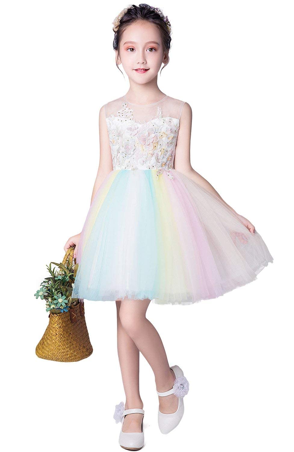 

Weileenice White Dress for Size Rainbow Tulle Dress with Lace Embroidery and Floral Perfect for Piano and Elementary School Formal Wear Children, 140,