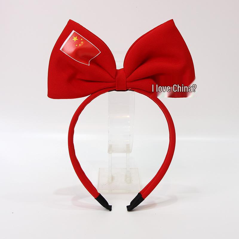 Five-Starred Red Flag Heart Bow Hairband for National Day Festival Performance