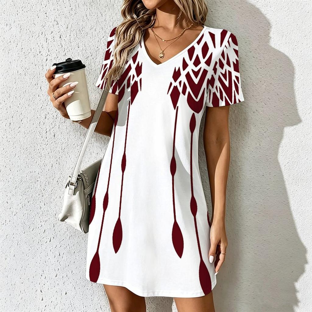 Mode d'été pour femmes Robe à col en V à manches courtes avec imprimé géométrique rétro Jupe courte sexy Robes