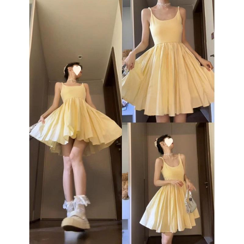 Yellow suspender dress children s summer new small seaside vacation temperament fluffy short skirt S