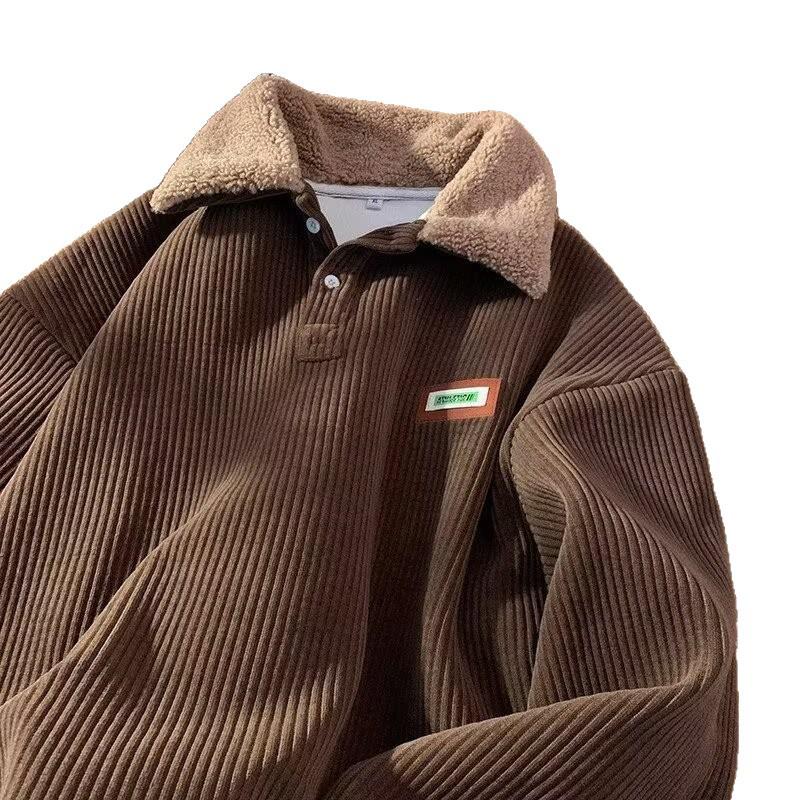 Herren Cord-Polo-Kragen-Sweatshirt mit Samt-gefütterter Lammwolle – Herbst/Winter Hongkong-Stil