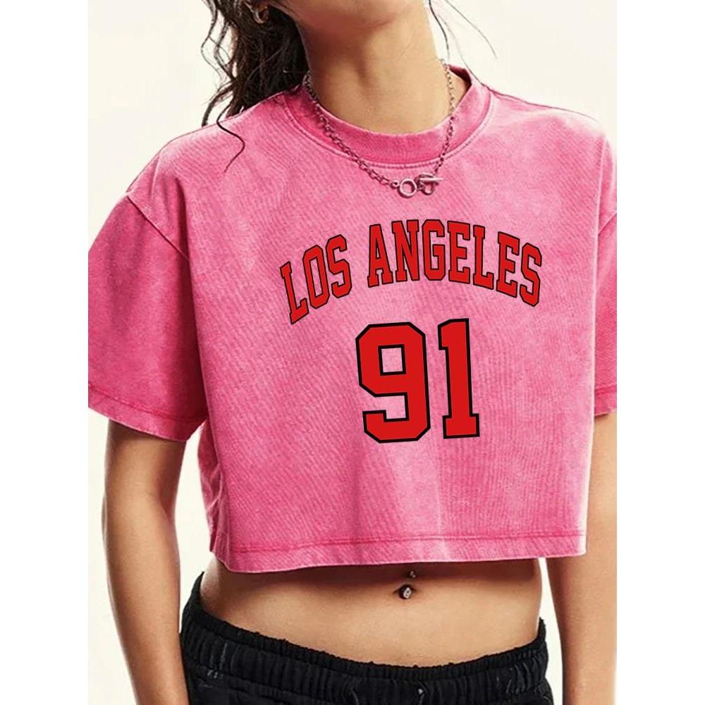 Los Angeles 91Print Female Washed Short T-Shirt Fashion Midriff-Baring Tshirt Street Tops Summer Loose Clothes