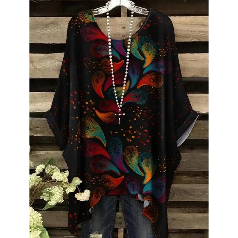 T-shirt Estiva da Donna Stampa Colibrì Pavone Girocollo Coda Comoda Manica Corta Oversize Orlo Irregolare Top