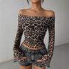 Spring Autumn Winter Women's Sexy Half Transparent One Shoulder Long Sleeve Women's Leopard Print Top