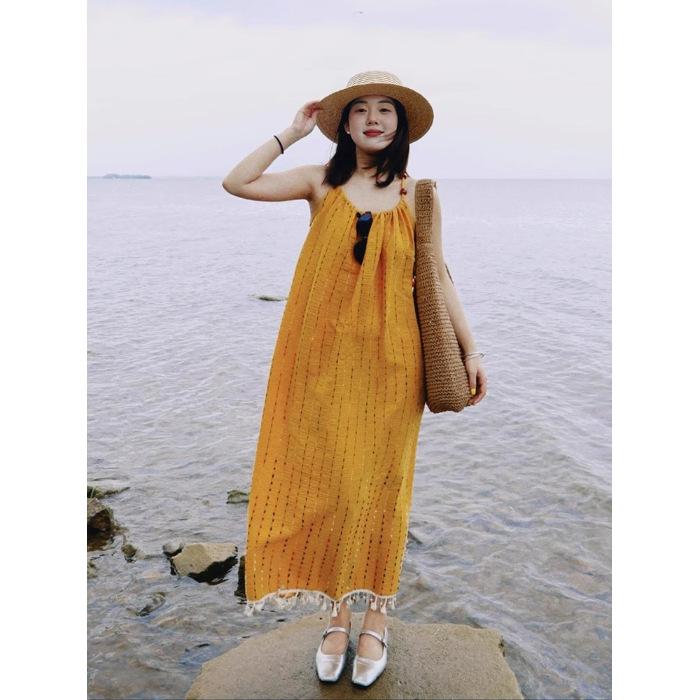 

[Original fabric] Yellow tassel suspender dress for women s summer feeling super good-looking seaside vacation long skirt S жёлтый