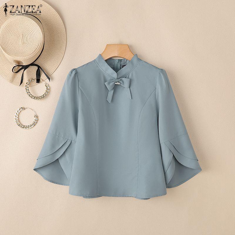 ZANZEA Women Casual Stand Collar 3/4 Sleeve Elegant Loose Blouse