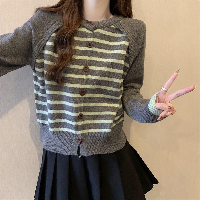 

Autumn/Winter Color Block Striped Knit Cardigan – Slimming, Long Sleeve, Age-Defying Fashion Elastic One Size (Recommended 35-60kg) серый