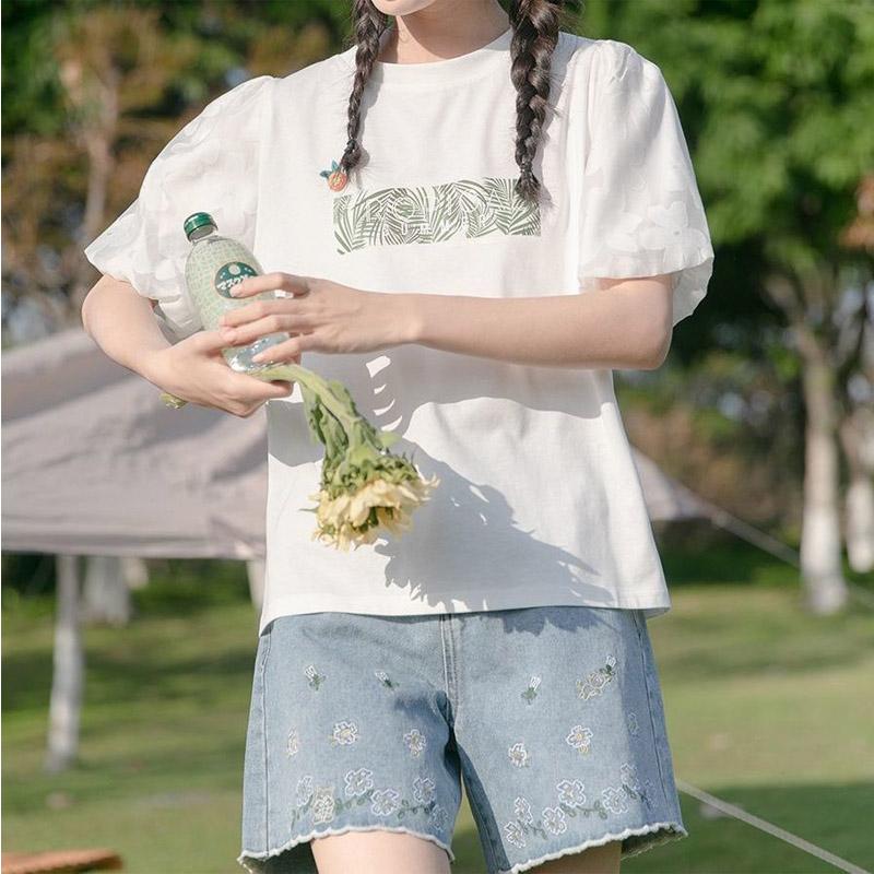 Jeans Women Summer New Blue Embroidery Lace Small High Waist Slimming Loose Straight Five Points Short Pants