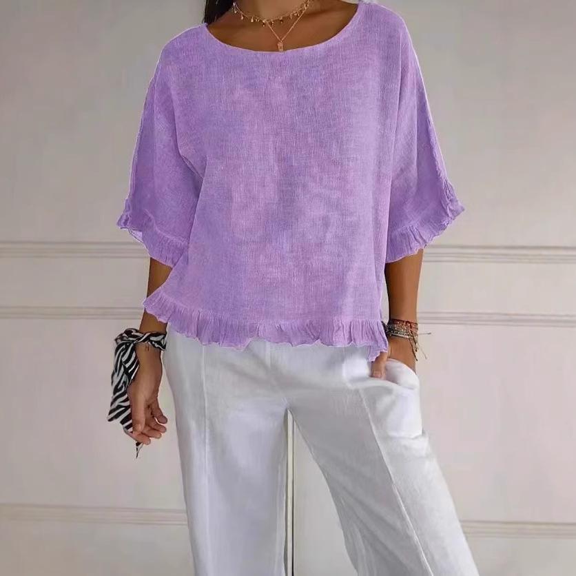 2025 Women's Cotton Linen Loose Fit Short Sleeve Shirt - European & American Style