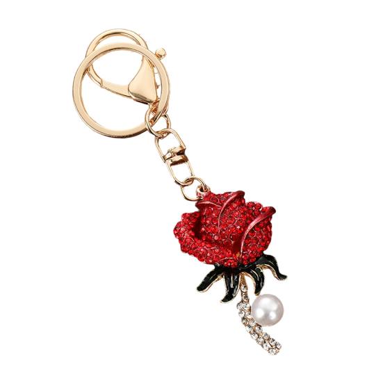 Keychain Pendant Sparkling Inlaid Rhinestones Rose Design Imitation Pearl Key Chain Lightweight красный