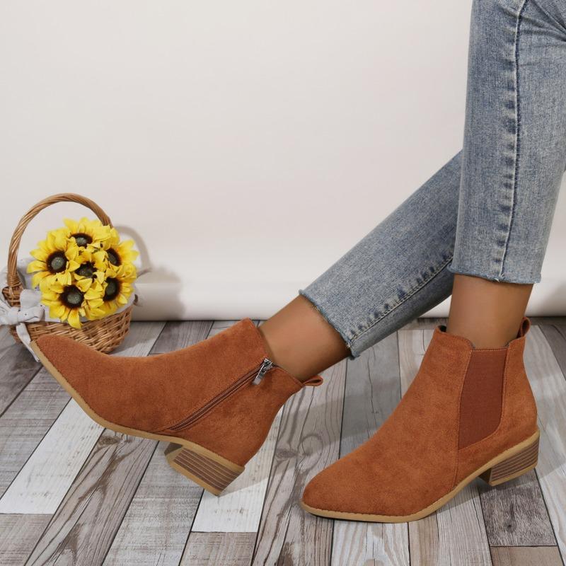 Women's Natural Suede Elastic Patch Low Heel Shoes Autumn and Winter Ankle Boots Square Toe Casual Short Boots Size 36-43