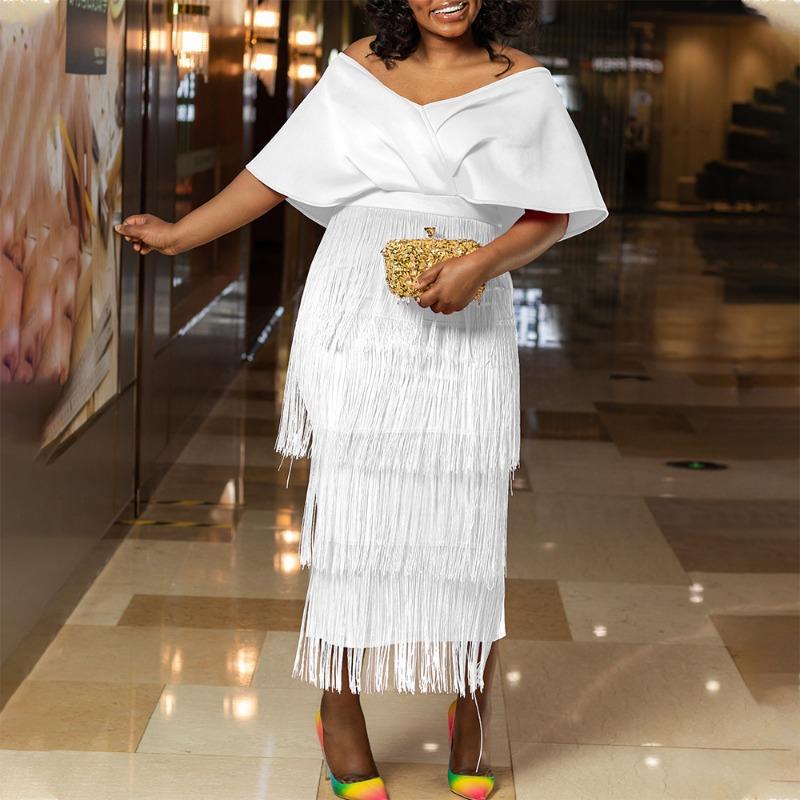Women's Summer New Fashion Temperament V-neck Off-the-shoulder Fringed Party Banquet Dress Dress