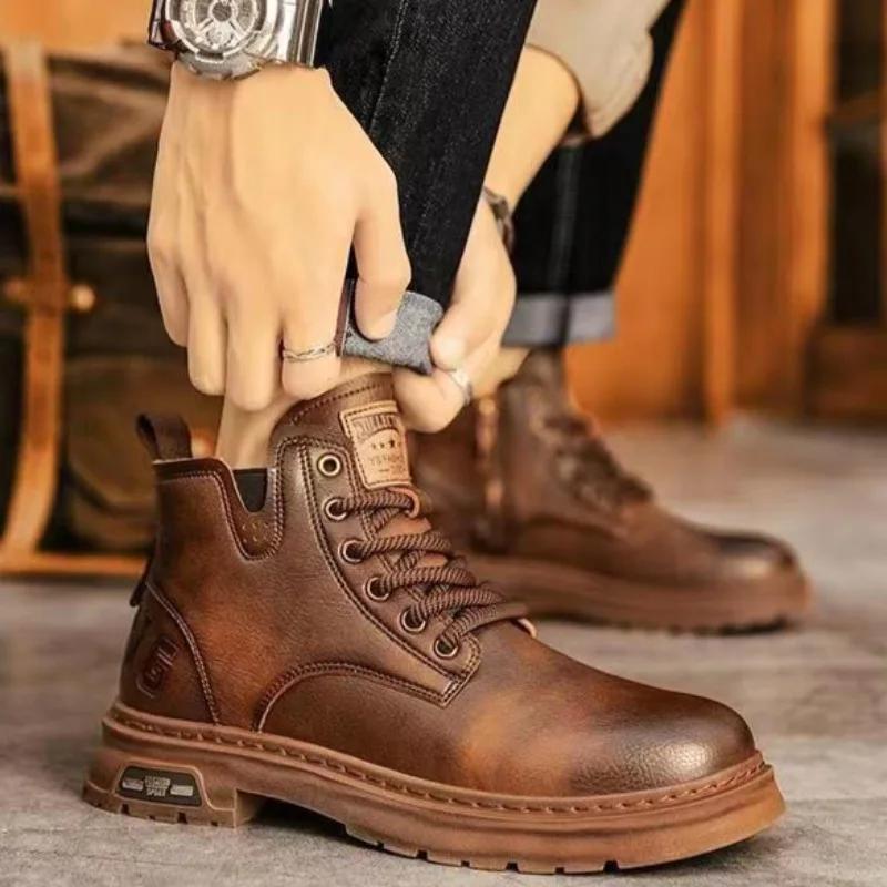 Fashion Men's Boots Fashion Motorcycle Boots High-top Casual Leather Boots for Men Plush Warm Winter Boot Non Slip Platform Boot Botas