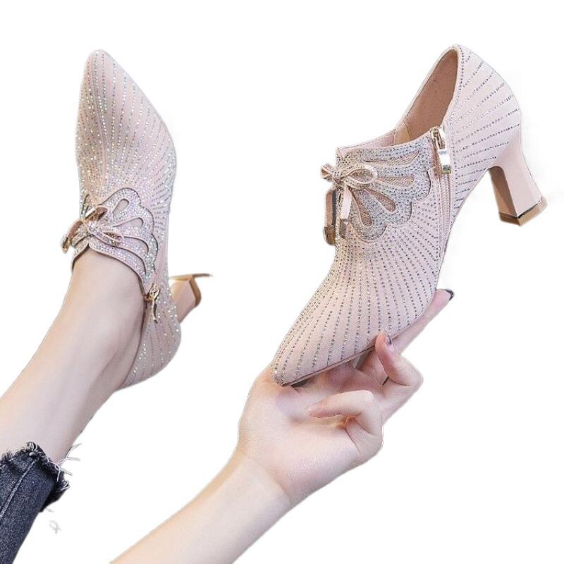 Autumn Woman Shoes New Fashion High Heels Casual Plus Size Rhinestone Pumps Pointed Delicate Elegant Temperament Women's Boots