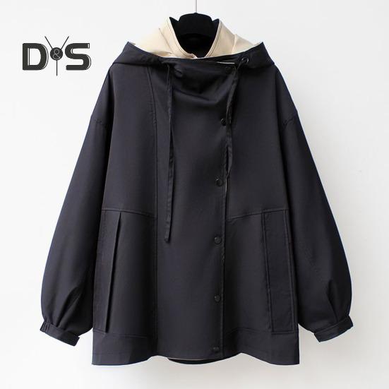 Women Windbreaker Hooded Patchwork Colorblock Zipper And Button Closure Long Sleeves Tight Waist Loose Coat Cargo Style Outdoor Jacket