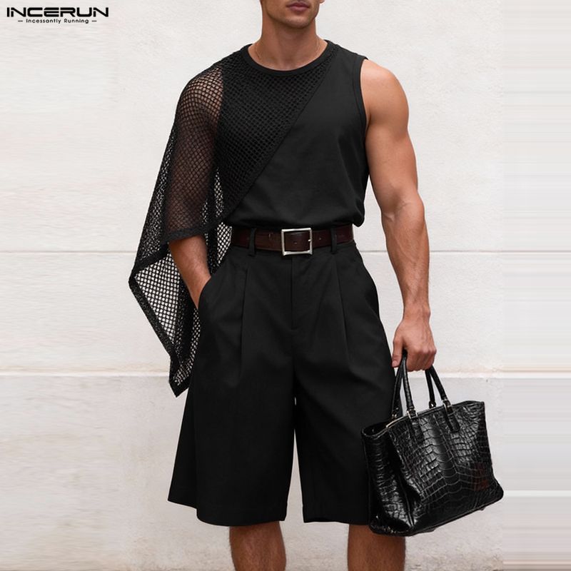 INCERUN Two Pieces Men Mesh Sheer Patchwork Sleeveless Tank Tops and Shorts Casual Sets