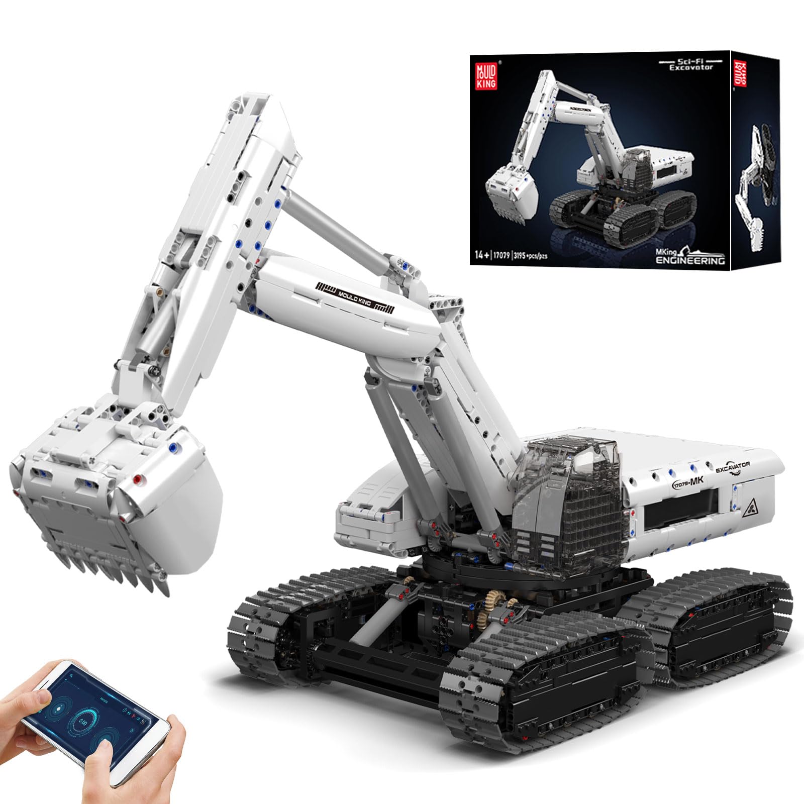 

Mould King 17079 Модель экскаватора в стиле научной фантастики, Набор строительных блоков, 3195+ деталей MOC Гусеничный экскаватор, Игрушка из строительных блоков с 8 моторами, приложением и пультом дистанционного управления
