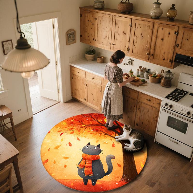Cat with Leaf Scarf,Round Area Rug,Carpet Rug for Living Room Bedroom Sofa Playroom Decor,Non-slip Floor Mat