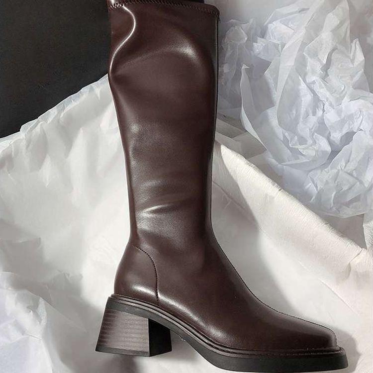 Square Head Side Zipper Slim Tall Boots 2025 Autumn and Winter New Retro Style Thick Heel But Knee Martin Boots Women