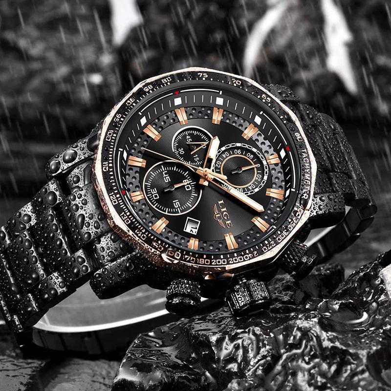 LIGE Mens Watch 6 Hands Multifunction Quartz Wristwatch Waterproof Calendar Steel Band Business Casual Watches for Men Silver