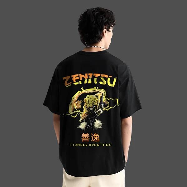 T-shirt Noir Oversize Zenitsu Agatsuma Anime Demon Slayer Hommes Femmes Respirant Haute Qualité Y2K Manches Courtes T-shirt d'Été