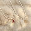 Handmade Retro French Ruby Beaded Pendant Necklace for Women - High-End Clavicle Chain Design