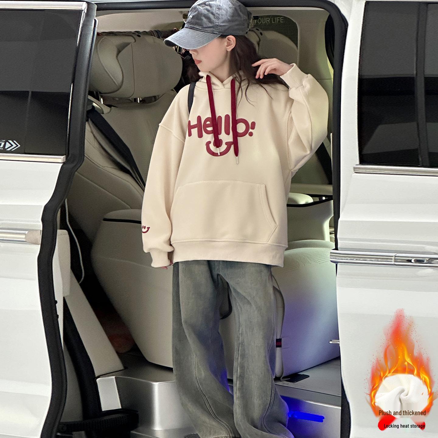 

Зима 2025 Толстовка с капюшоном из плотного флиса с буквенным принтом для девочек 120 абрикосовый