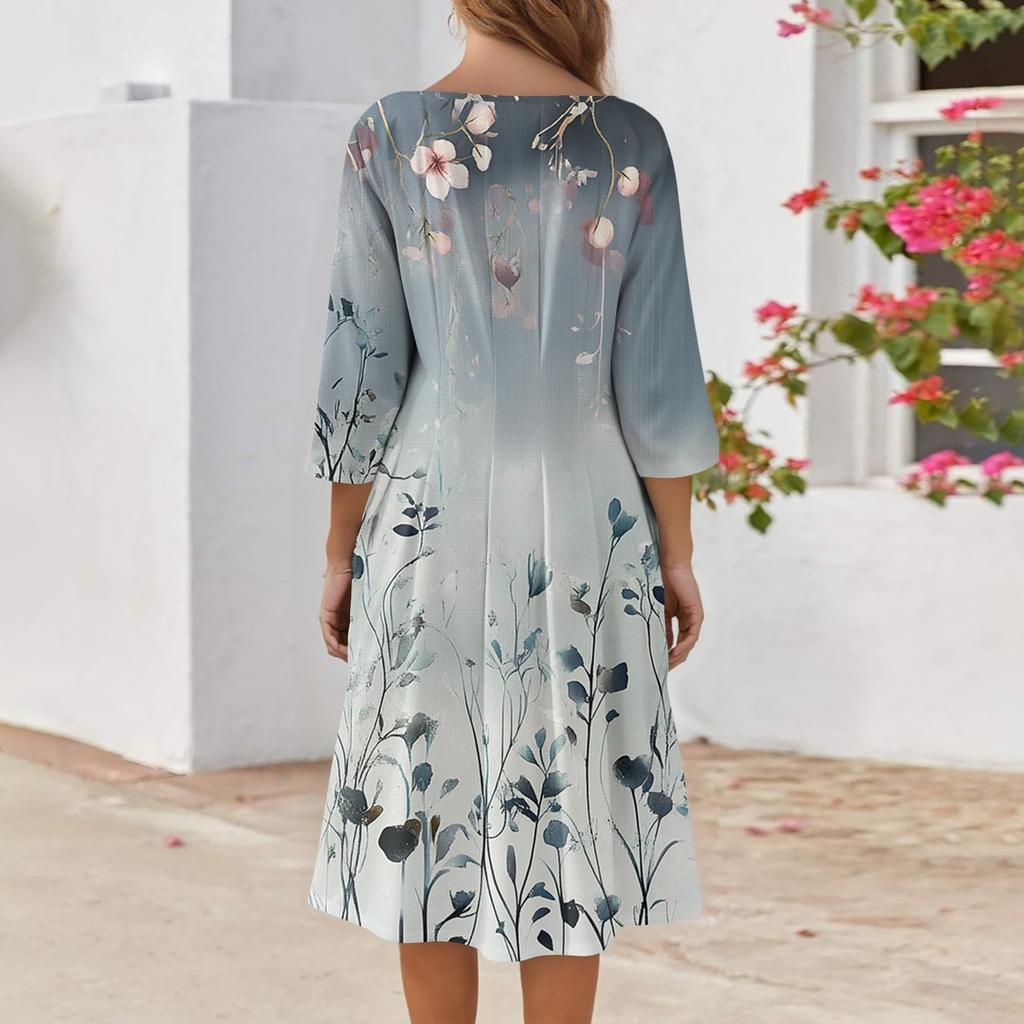 Women's Casual Fashion Round Neck Three Quarter Sleeve Print Midi Dress
