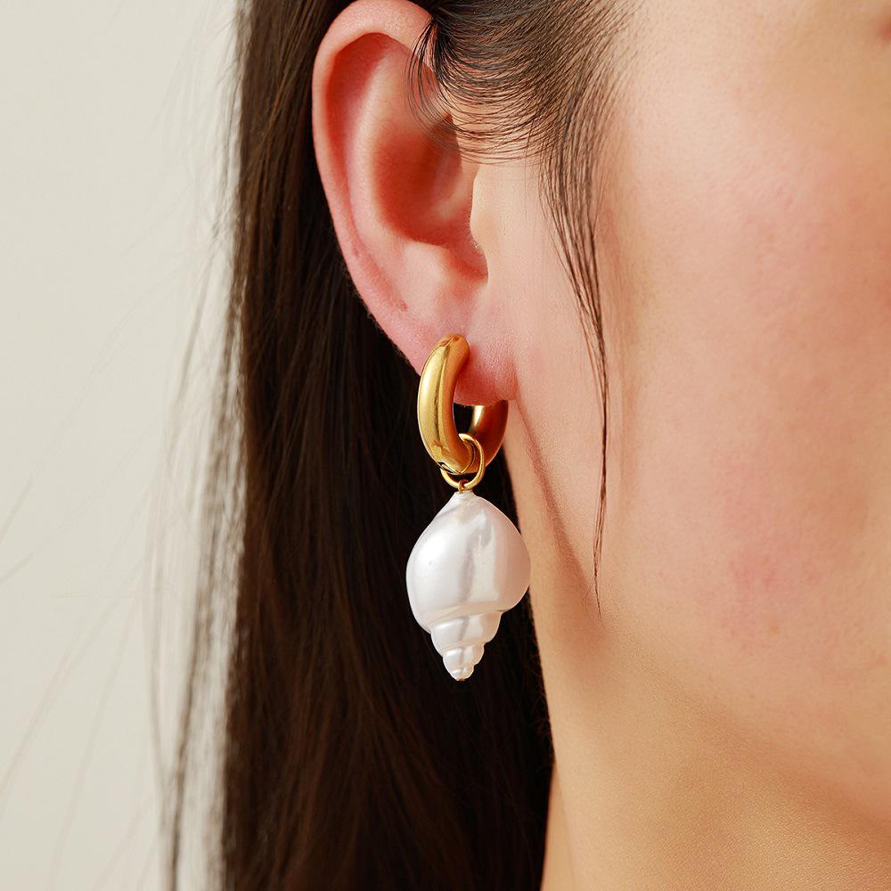 Ying Tai Stainless & Titanium Steel Earrings with Seashell Imitation Pearl, High Polish 18K Gold Vacuum Plating, Non-Fading Women's.