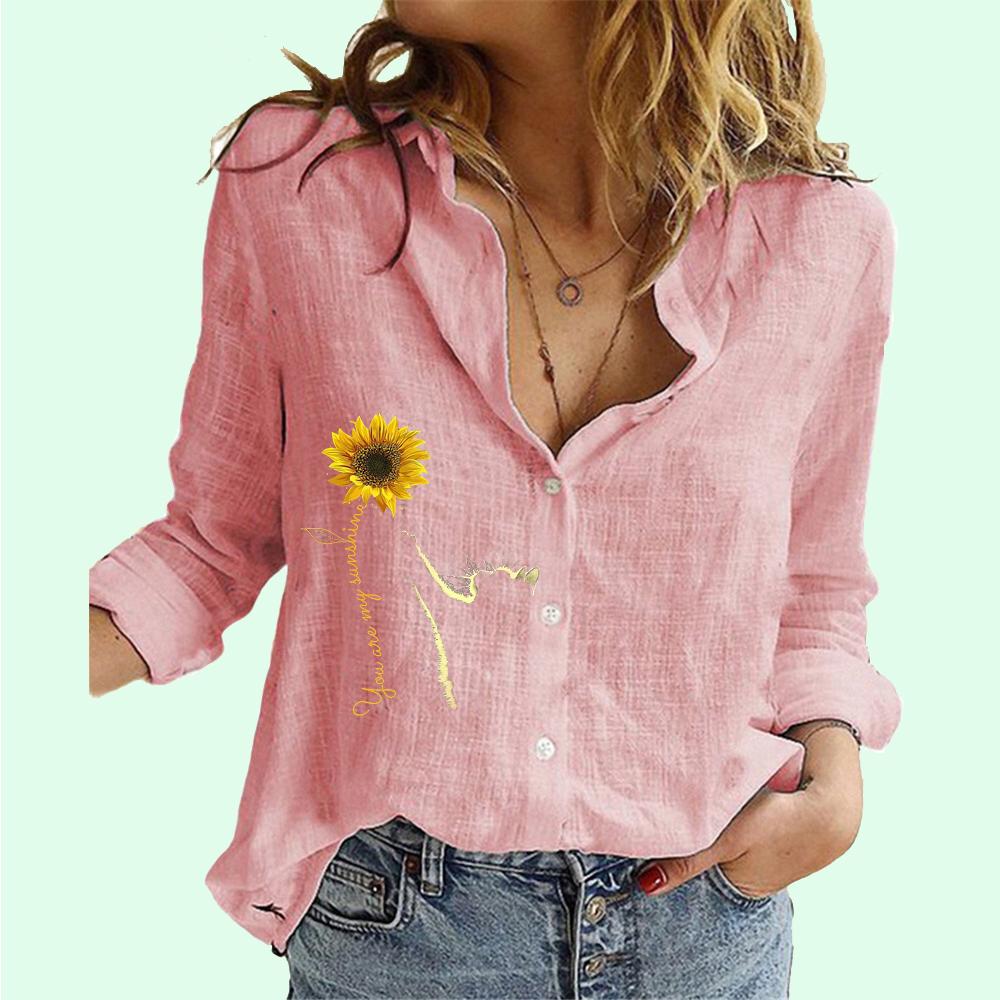 Women Fashion Lapel Neck Long Sleeve T-shirt Summer&fall Casual Printed Cotton Linen Top Female Loose Buttoned Blouses
