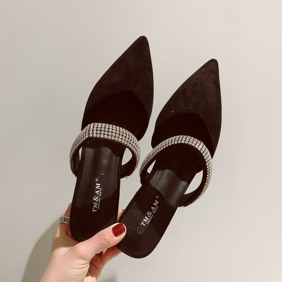 Baotou Half Slippers Women Wear Spring and Summer 2025 New Rhinestone Word with Thick Heel Pointed Head Half Tray Fairy Sandals